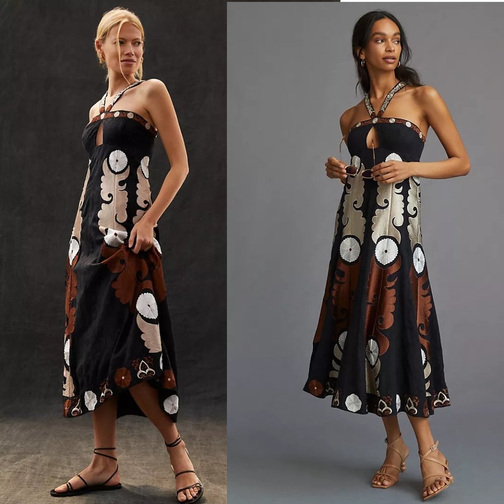 By Anthropologie Embroidered Halter Midi Dress size 0 new with tag